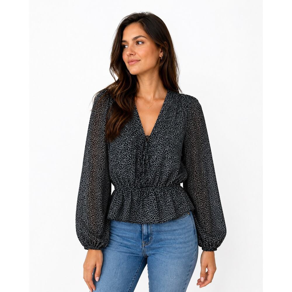 Abbeline Peplum Blouse Women’s Medium Black Abstract Print Long Sleeve Top